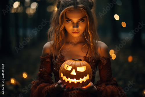 Teenage girl holds a pumpkin in his hands and looks into the camera in forest, Halloween concept