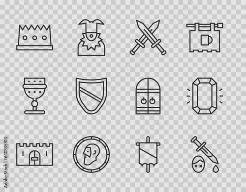 Set line Medieval castle gate, Sword with blood, Crossed medieval sword, Ancient coin, King crown, Shield, flag and Diamond icon. Vector