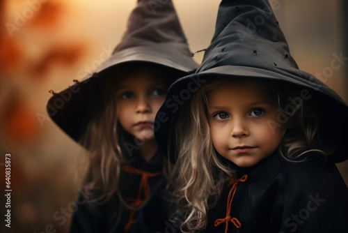 Two little cute blondy girl in witch costume. Halloween, holiday concept