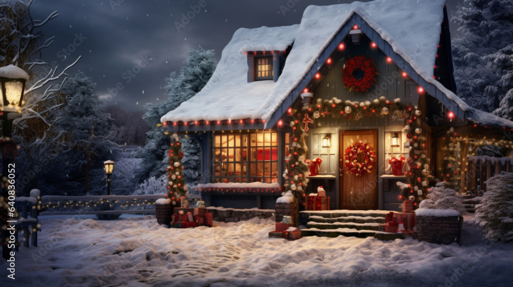 Illustration, AI generation. A Christmas cottage decorated for the holiday.
