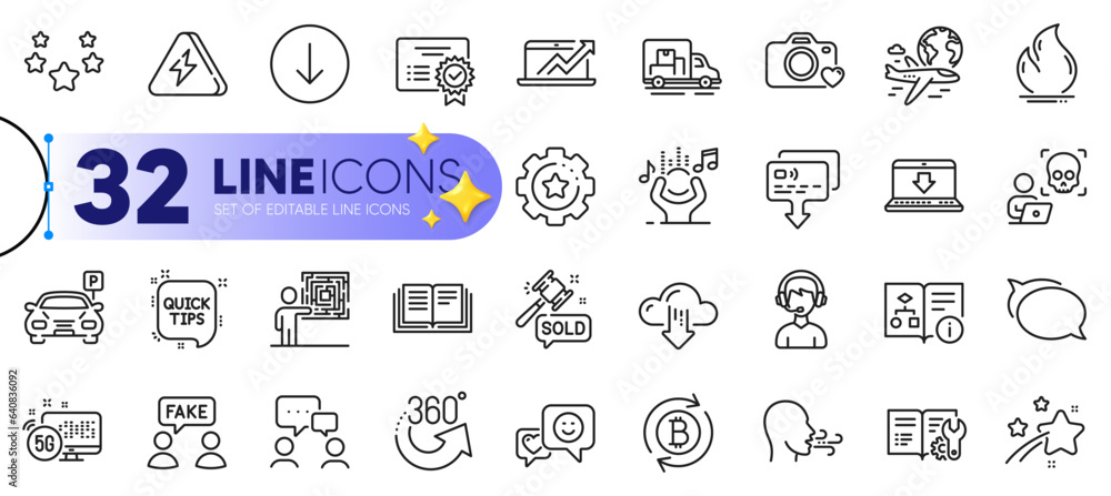 Outline set of Smile, Truck transport and Auction hammer line icons for web with Education, Engineering documentation, Certificate thin icon. Consultant, Noise. Design with yellow 3d stars. Vector Outline set of Smile, Truck transport and Auction hammer line icons for web with Education, Engineering documentation, Certificate thin icon. Consultant, Noise. Design with yellow 3d stars. Vector