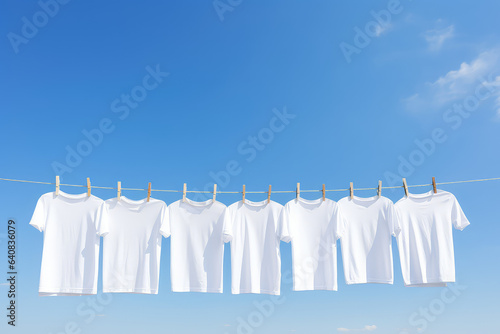 White t-shirts hanging on the line with pegs on clear blue sky background. Many simple white shirts.