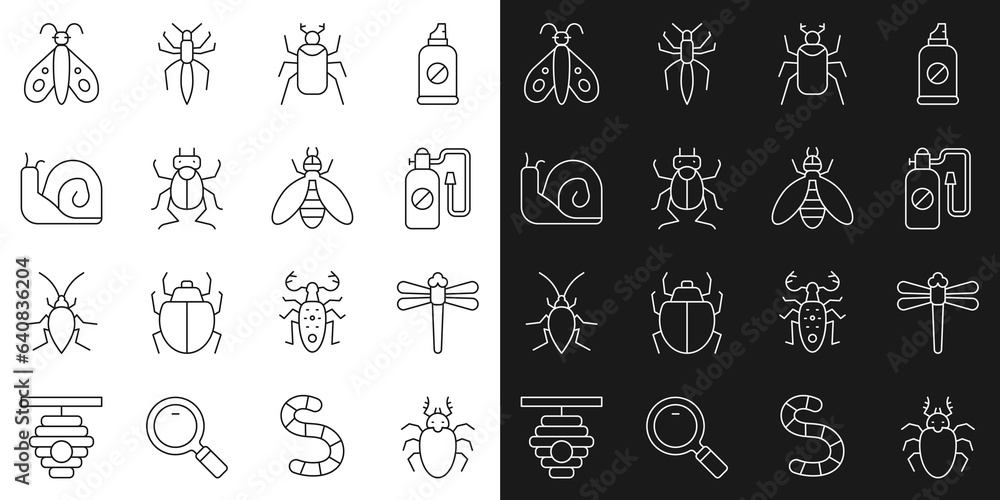 Set line Beetle deer, Dragonfly, Pressure sprayer, bug, Snail, Butterfly and icon. Vector