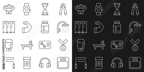 Set line Bathroom scales, Medal, Shower head, Old hourglass, Bodybuilder muscle, Locker or changing, and Sports nutrition icon. Vector