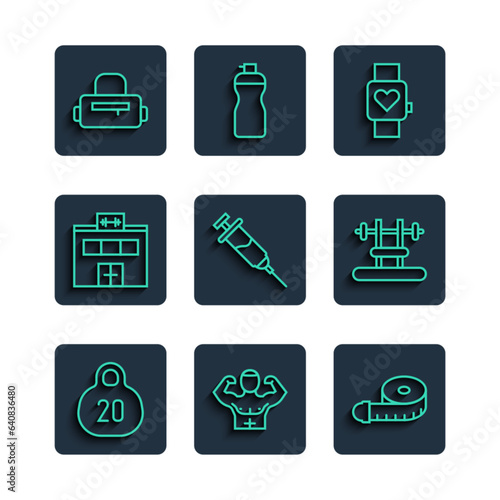 Set line Kettlebell, Bodybuilder muscle, Tape measure, Smart watch, Doping syringe, Gym building, Sport bag and Bench with barbel icon. Vector