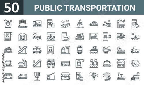 Fotografia set of 50 outline web public transportation icons such as cable car, cargo ship, delivery truck, app, road, ship, taxi vector thin icons for report, presentation, diagram, web design, mobile app