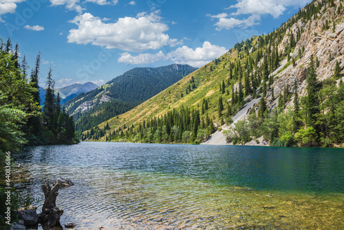 Amazing scenic view on Kolsay lake in Kolsai Koldery gorge near Almaty  nature of Kazakhstan National Park  Central Asia.