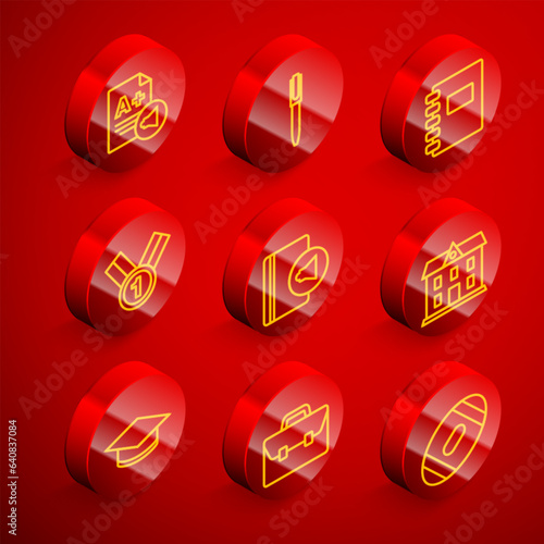 Set line Exam sheet with A plus grade, Pen, Spiral notebook, Medal, Audio, School building, Graduation cap and Briefcase icon. Vector