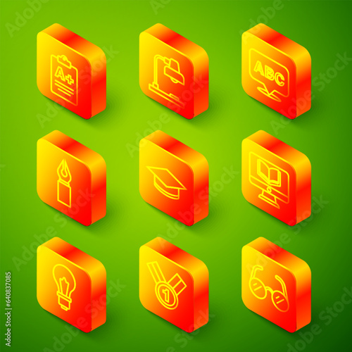 Set line Exam sheet with A plus grade, Table lamp, Alphabet, Fountain pen nib, Graduation cap, Online class, Light bulb idea and Medal icon. Vector