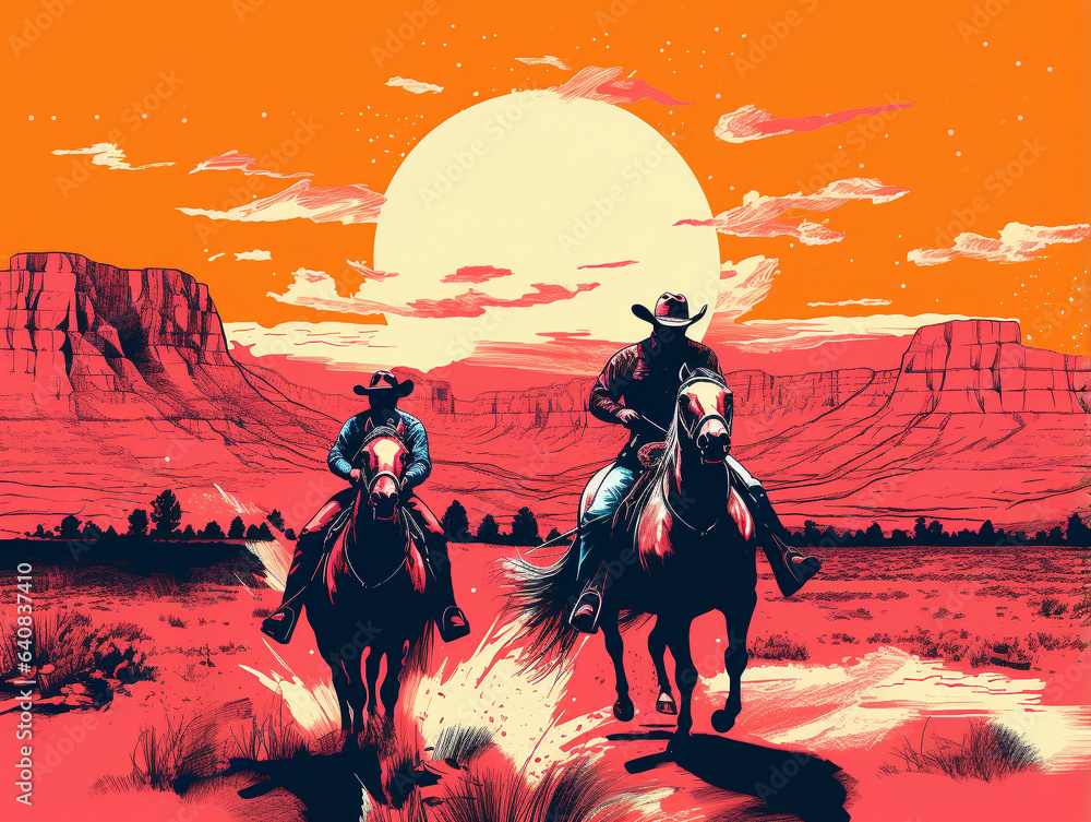 A Risograph Illustration of a Grainy Rodeo with Cowboys and Broncos