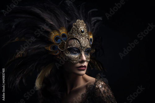 Fashion studio photo of beautiful woman wears elegant carnival mask on a black background