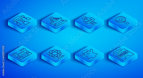 Set line Attraction carousel, Boat swing, Ferris wheel, Ghost, Lollipop, Castle and Circus ticket icon. Vector