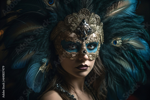 Fashion studio photo of beautiful woman wears elegant carnival mask