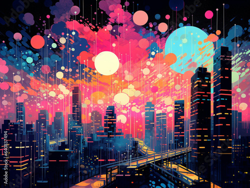 A Risograph Illustration of Abstract, Layered City Lights During a Festival