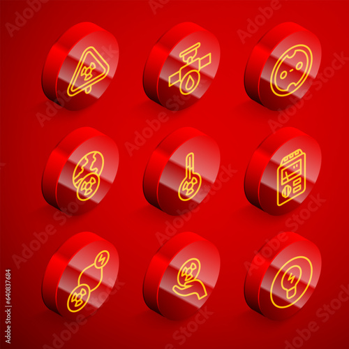 Set line Triangle with radiation, Industry pipe and valve, Electrical outlet, Planet earth, Meteorology thermometer, Dosimeter, Radioactive exchange energy and icon. Vector