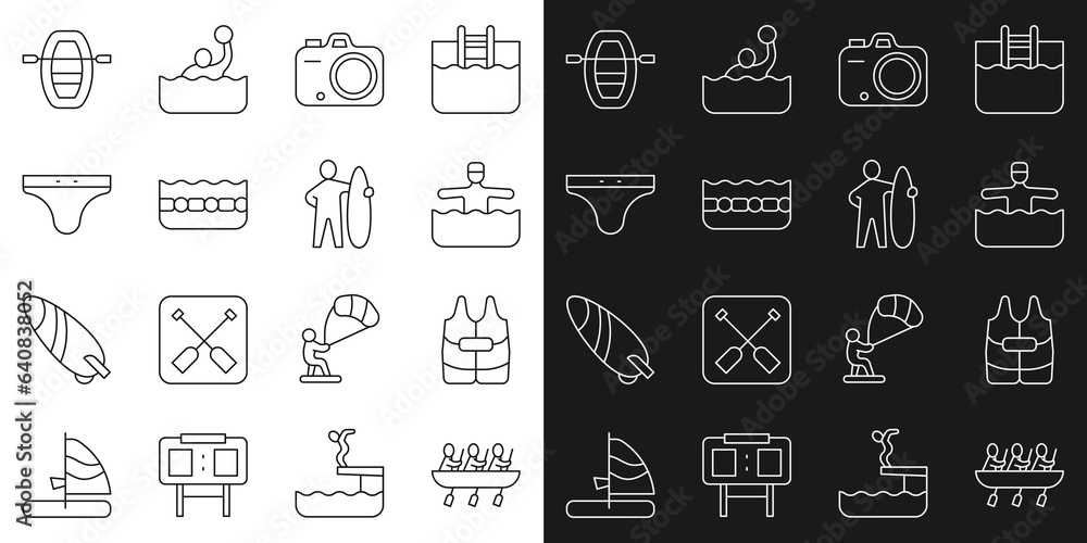 Set line Canoe rowing team sports, Life jacket, Water gymnastics, Photo camera, Swimming pool, trunks, Boat with oars and Surfboard icon. Vector Set line Canoe rowing team sports, Life jacket, Water gymnastics, Photo camera, Swimming pool, trunks, Boat with oars and Surfboard icon. Vector