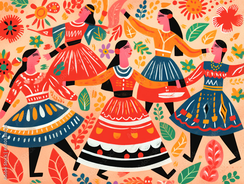 A Risograph Illustration of Layered Folk Dancers in Vibrant Costumes