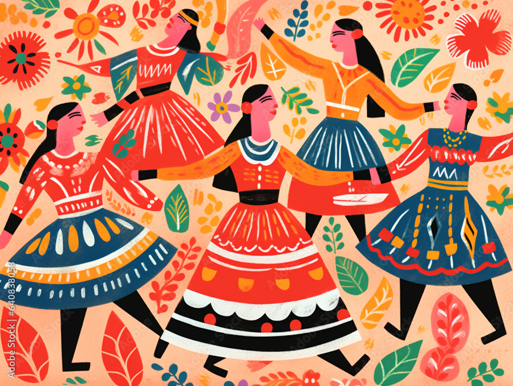 A Risograph Illustration of Layered Folk Dancers in Vibrant Costumes A Risograph Illustration of Layered Folk Dancers in Vibrant Costumes