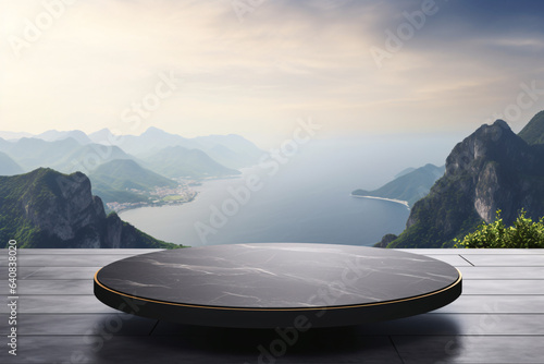 Empty round marble podium on wooden table sea with mountain and sea background for product display