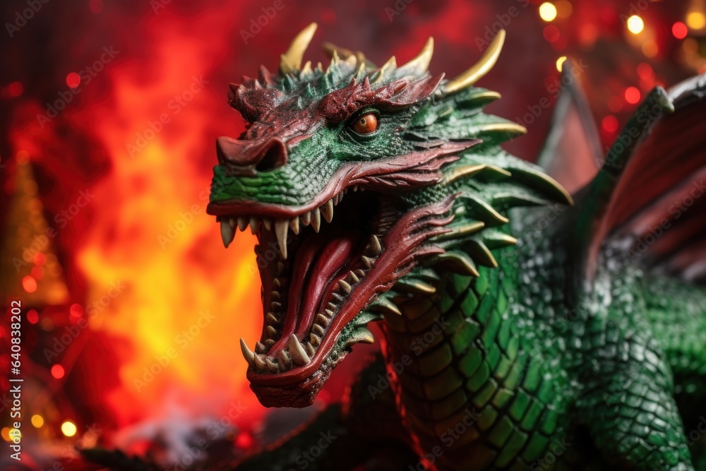 Obraz premium green Dragon. symbol of the new year. on a red fiery background