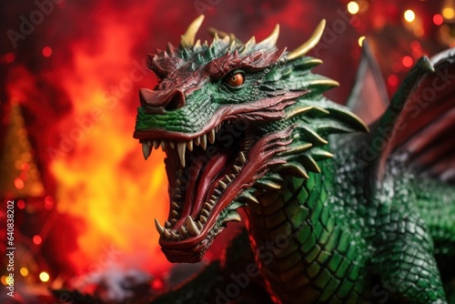 green Dragon. symbol of the new year. on a red fiery background