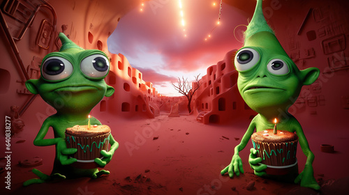 Happy alien birthday! Two silly green aliens in a strange Mars settlement are holding birthday cakes with birthday candles on top of them. 