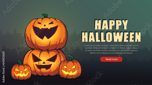 Dark banner with carved Halloween pumpkins. October 31st party invitation or holiday sale poster with glowing Jack-o-lantern. Festive wallpaper, header with smiling squash, gourd