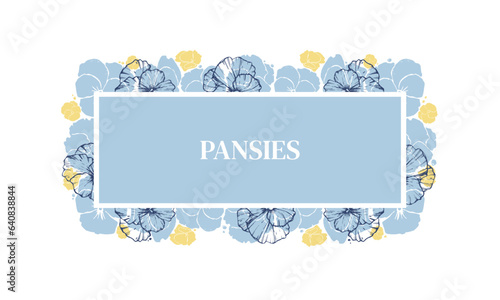 Vector illustration of flowers in the style of minimalism. Horizontal banner with pansies. Flowers in a flat style. For the design of web banner, postcards, scrapbooks, textiles