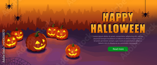 Vector header with orange Halloween pumpkins, black spiders and spider web. October 31st party invitation or holiday sale poster with glowing Jack-o-lantern. Festive wallpaper, panoramic banner