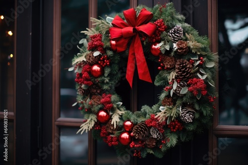 Christmas wreath on the door close-up. Christmas, Winter or New Year concept © Enigma