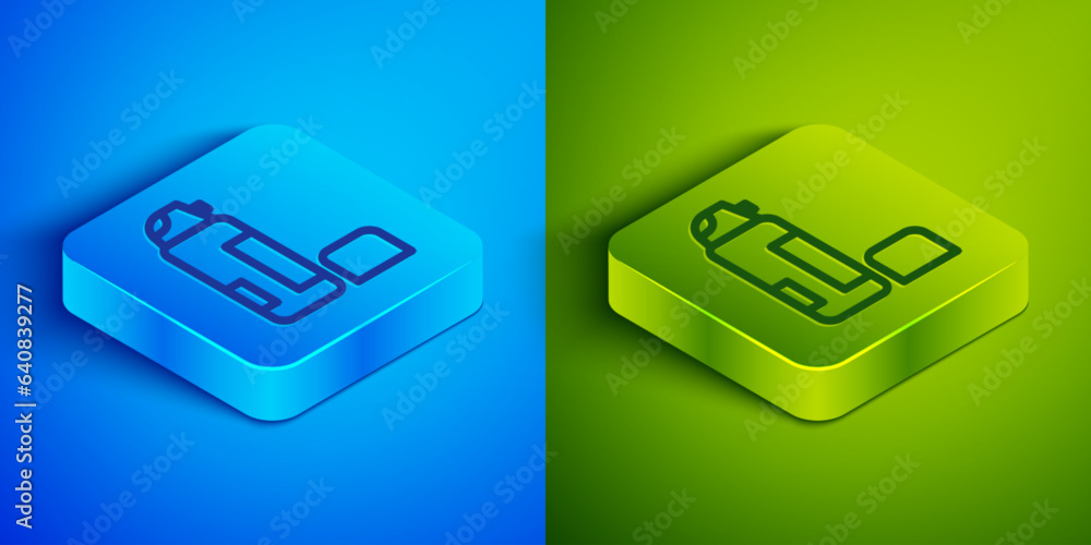 Isometric line Shaving gel foam icon isolated on blue and green background. Shaving cream. Square button. Vector Isometric line Shaving gel foam icon isolated on blue and green background. Shaving cream. Square button. Vector
