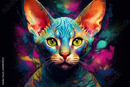 Multi coloured illustration art, the head of a devon rex cat painted with with splashes and splatters of paint