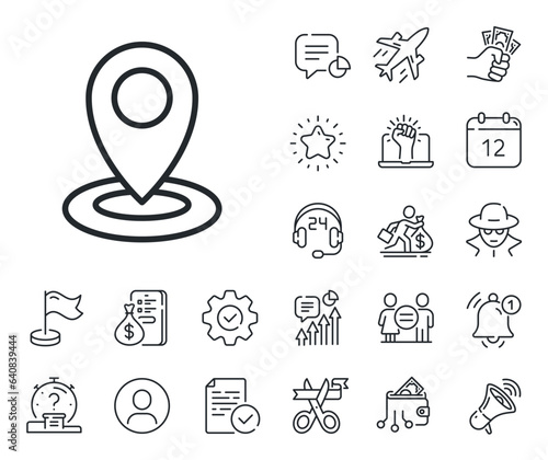 Map pointer sign. Salaryman, gender equality and alert bell outline icons. Location line icon. Location line sign. Spy or profile placeholder icon. Online support, strike. Vector