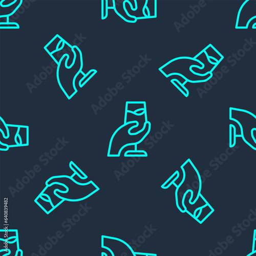 Green line Wine tasting, degustation icon isolated seamless pattern on blue background. Sommelier. Smells of wine. Vector