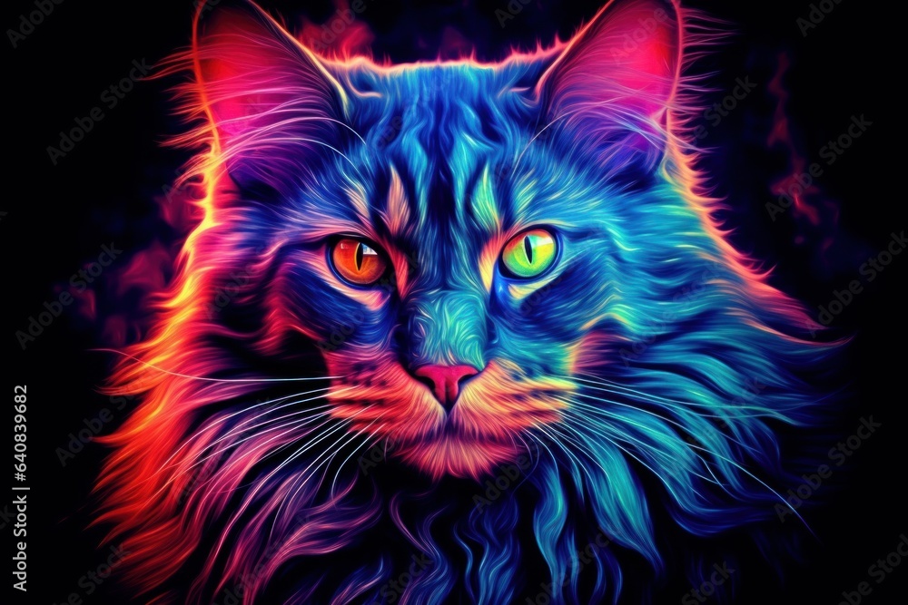 Multi coloured illustration art, the head of a maine coon cat painted with with splashes and splatters of paint Multi coloured illustration art, the head of a maine coon cat painted with with splashes and splatters of paint