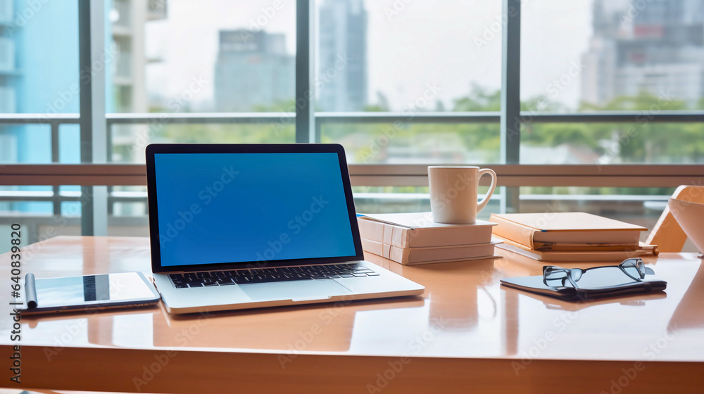 An organized office desk featuring a laptop, embodying productivity, efficiency, and a tech-savvy work environment with meticulous organization. An organized office desk featuring a laptop, embodying productivity, efficiency, and a tech-savvy work environment with meticulous organization.
