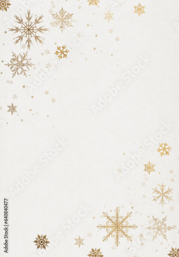 White winter and Christmas background with golden snow flakes.