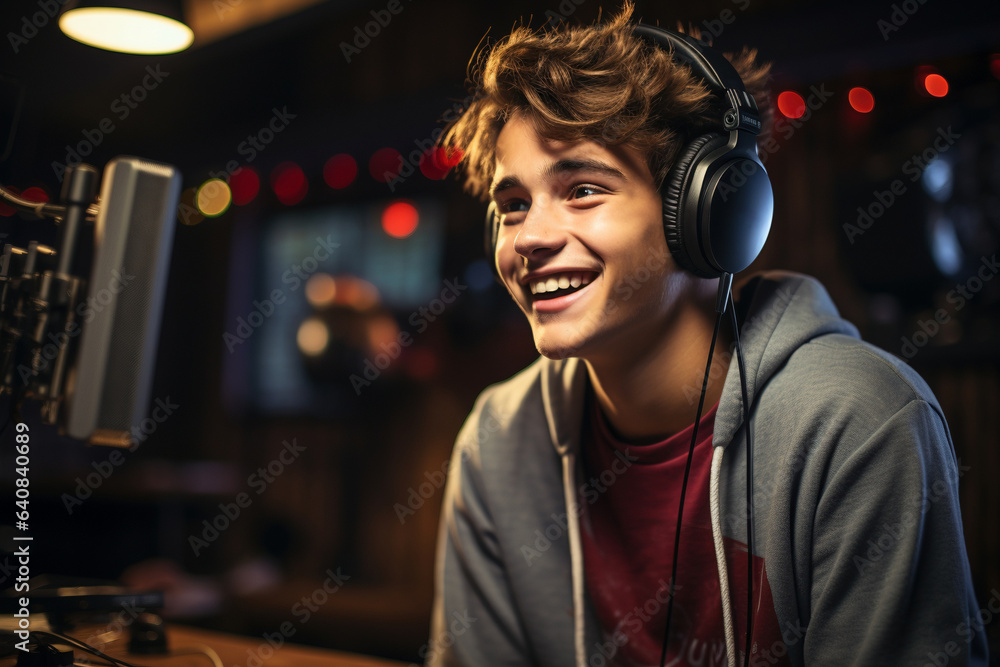 Teenage boy / man podcasting or voice acting like dubbing - obrazy, fototapety, plakaty 