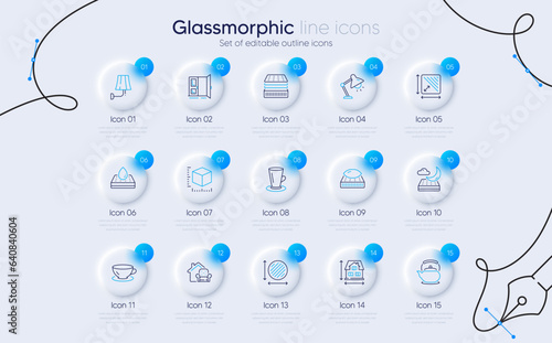Set of Open door, Table lamp and House dimension line icons for web app. Square area, Night mattress, Wall lamp icons. Waterproof mattress, Espresso, Teacup signs. Teapot, Package size. Vector