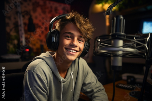 Teenage boy / man podcasting or voice acting like dubbing