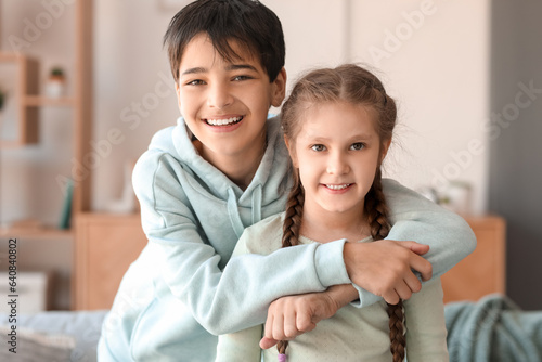 Little boy hugging his sist...