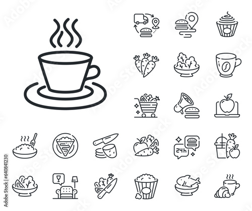 Hot drink sign. Crepe, sweet popcorn and salad outline icons. Tea or Coffee line icon. Fresh beverage symbol. Tea cup line sign. Pasta spaghetti, fresh juice icon. Supply chain. Vector
