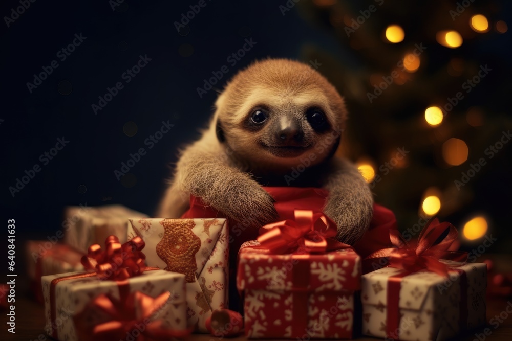cute baby sloth with christmas gift boxes on blurred xmas tree background cute baby sloth with christmas gift boxes on blurred xmas tree background