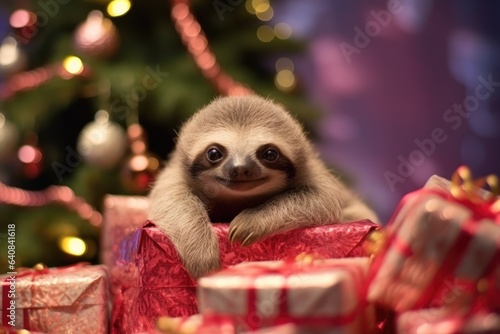 cute baby sloth with christmas gift boxes on blurred xmas tree background