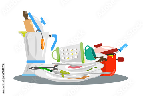 Vector illustration of various dirty dishes. Cartoon scene with dirty dishes on the table: plates, cup, pan, grater, fork, knife, spoon, rolling pin isolated on white background. Dishes need washing.