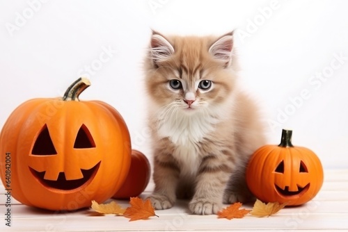 cute kitten and pumkins in the white room, halloween concept © Enigma