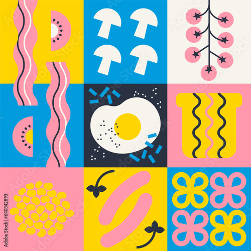 Breakfast food set in flat style. Minimalist illustration of egg, bacon, sausages, tomatoes, toast bread. Simple, geometric, modern style. Abstract vector pattern design for flyer, poster, cover.