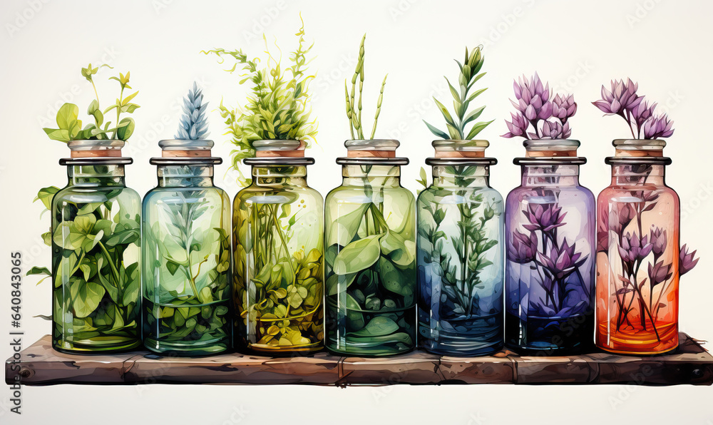 Watercolor, glass bottles with flowers, on a white background. Watercolor, glass bottles with flowers, on a white background.