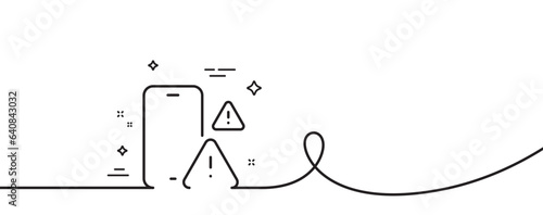 Phone warnings line icon. Continuous one line with curl. Smartphone app sign. Cellphone mobile device symbol. Phone warning single outline ribbon. Loop curve pattern. Vector