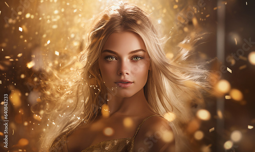 Radiant Young Blonde in Glittering Gold, Striking a Pose. Festive Lady Adorned in a Shimmering Golden Dress. A Fashionable Woman Dazzling in Gold Glitter Flares